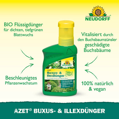 A bottle of Neudorff Shop Azet Buxus- & IlexFertilizer liquid stands on a green surface. The text highlights the organic, 100% natural and vegan formula that promotes growth and revitalizes boxwood and other evergreen potted plants.