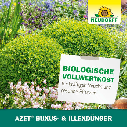 A garden scene with lush boxwood and flowers, along with a sign from the Neudorff Shop: "Biological whole food for vigorous growth and healthy plants. Azet Buxus- & IlexFertilizer liquid." Ideal for evergreen container plants.