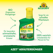 A green-yellow bottle of Neudorff Shop Azet Herb Fertilizer liquid is shown with German text highlighting the biological, natural, and safe properties for humans and pets, promoting healthier herbs with better growth and taste.