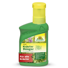 A green plastic bottle from Neudorff Shop Azet Herb Fertilizer liquid with a yellow cap, 100% organic, ideal for the health of all herbs, with herb images and recycling information on the packaging.