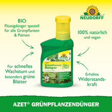 A green bottle of Neudorff Shop Azet Green Plant Fertilizer liquid with a yellow cap, featuring German text about the organic nutrients for indoor plants that promote rapid growth, vibrant green leaves, and stronger resistance.