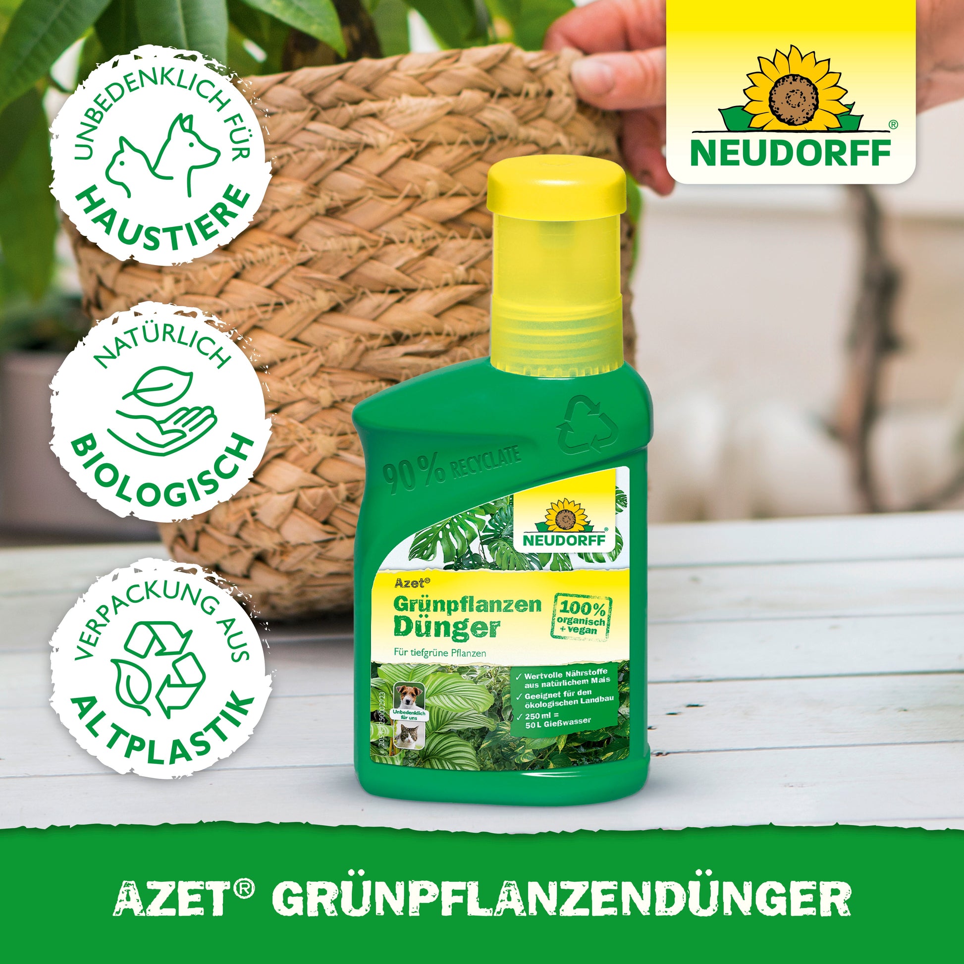 Eine grüne Flasche von Neudorff Shop Azet GrünpflanzenDünger flüssig steht auf einem Tisch neben einer Topfpflanze. Auf dem Etikett stehen Nährstoffe für Grünpflanzen, Sicherheit für Haustiere, natürliche Inhaltsstoffe und recycelte Verpackungen. Im Hintergrund ist eine Hand zu sehen.