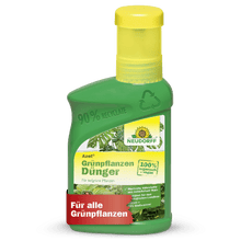 A green plastic bottle from Neudorff Shop Azet Green Plant Fertilizer liquid with a yellow cap, labeled as 100% organic vegan fertilizer for green plants, provides essential nutrients and has a recycling symbol with German text.