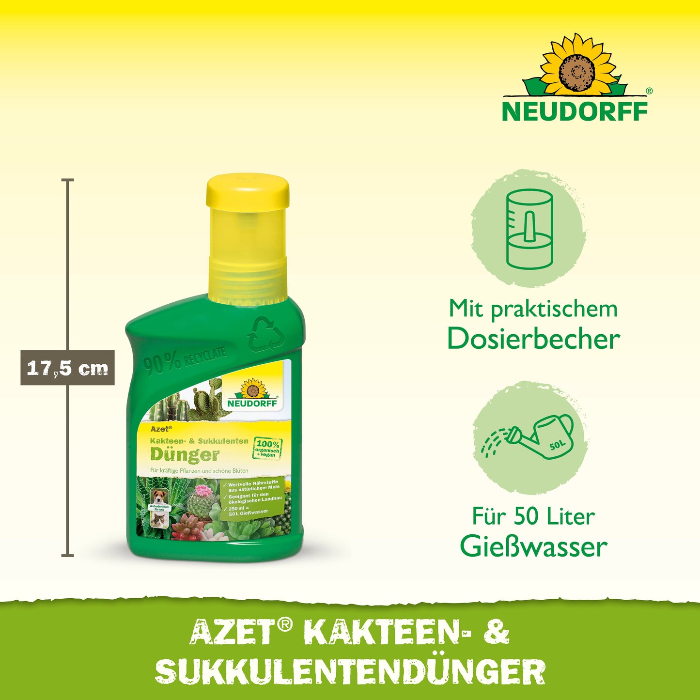 Der Azet Kakteen- & SukkulentenDünger flüssig aus dem Neudorff Shop kommt in einer grünen Flasche mit gelbem Etikett - ein idealer Flüssigdünger für die Pflege Ihrer Sukkulenten und Kakteen.