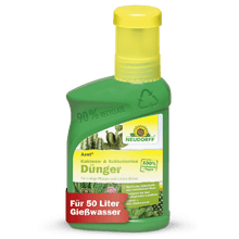 A green plastic bottle of Neudorff Shop Azet Cactus & Succulent Fertilizer liquid shows cactus images, German product information, and a red banner with "For 50 liters of watering water" on the label.
