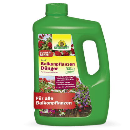 A green plastic bottle of Azet Liquid Balcony Plant Fertilizer from Neudorff Shop for balcony plants and summer flowers, with a green cap, carrying handle, and a colorful label with flowers and product information.