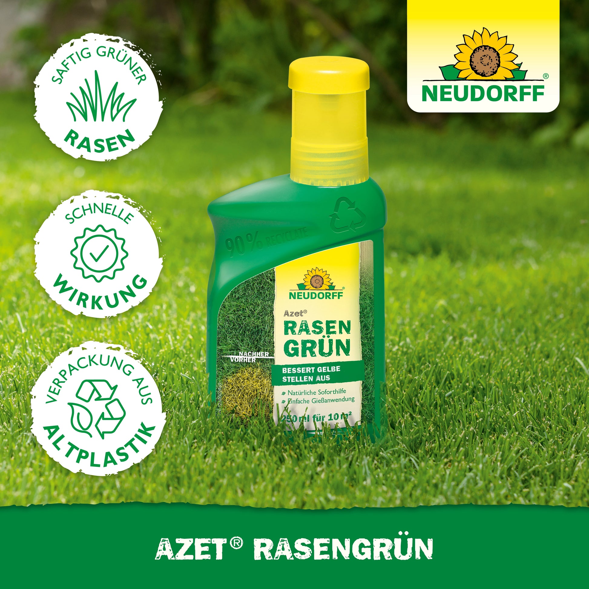 Eine grün-gelbe Flasche Neudorff Shop Azet RasenGrün steht auf einer Wiese. Icons und deutscher Text zeigen, dass es gelbe Stellen im Rasen in 4 Tagen in sattes Grün verwandelt, mit umweltfreundlicher Verpackung aus recyceltem Kunststoff.