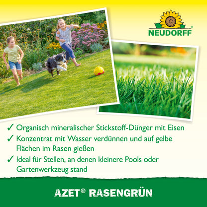 Eine Frau und ein Kind laufen mit einem Hund auf einer grünen Wiese. Inset zeigt üppiges Gras. Der Text hebt die schnelle Wirkung von Neudorff Shop Azet RasenGrün innerhalb von 4 Tagen hervor - ideal bei gelben Flecken - und gibt Hinweise zu den Eigenschaften und zur Anwendung.