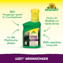 A green bottle of Neudorff Shop Azet GrowFertilizer is centered on a yellow background, with German text highlighting the organic ingredients and benefits for plant growth, ideal for supporting rich cannabis harvests.