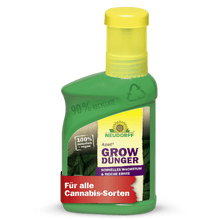 A green plastic bottle of Neudorff Shop Azet GrowFertilizer with a yellow cap; the label states that it is 90% recycled, vegan, 100% natural, and perfect for cannabis cultivation and all cannabis strains.