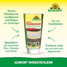 A tube of Aurum Insect Glue from Neudorff Shop stands upright and carries German text for protecting fruit trees from ants and winter moth females. The Neudorff logo can be seen at the top on the green-yellow background.
