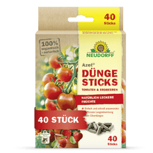 The Neudorff Shop Azet fertilizer sticks for tomatoes & strawberries is a 100% organic and natural product with 40 sticks in a rectangular box decorated with tomato and strawberry motifs.