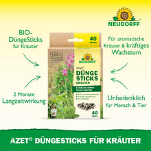 A box of Neudorff Shop Azet Fertilizer Sticks for herbs-organic herb fertilizer sticks with a 2-month effect, safe for humans and pets, for vigorous herb growth in potting soil. Each box contains 40 sticks.