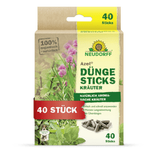 A box of Neudorff Shop Azet Fertilizer Sticks for herbs contains 40 fertilizer sticks for aromatic herbs. The green-beige packaging with German text nourishes herbs grown in potting soil.