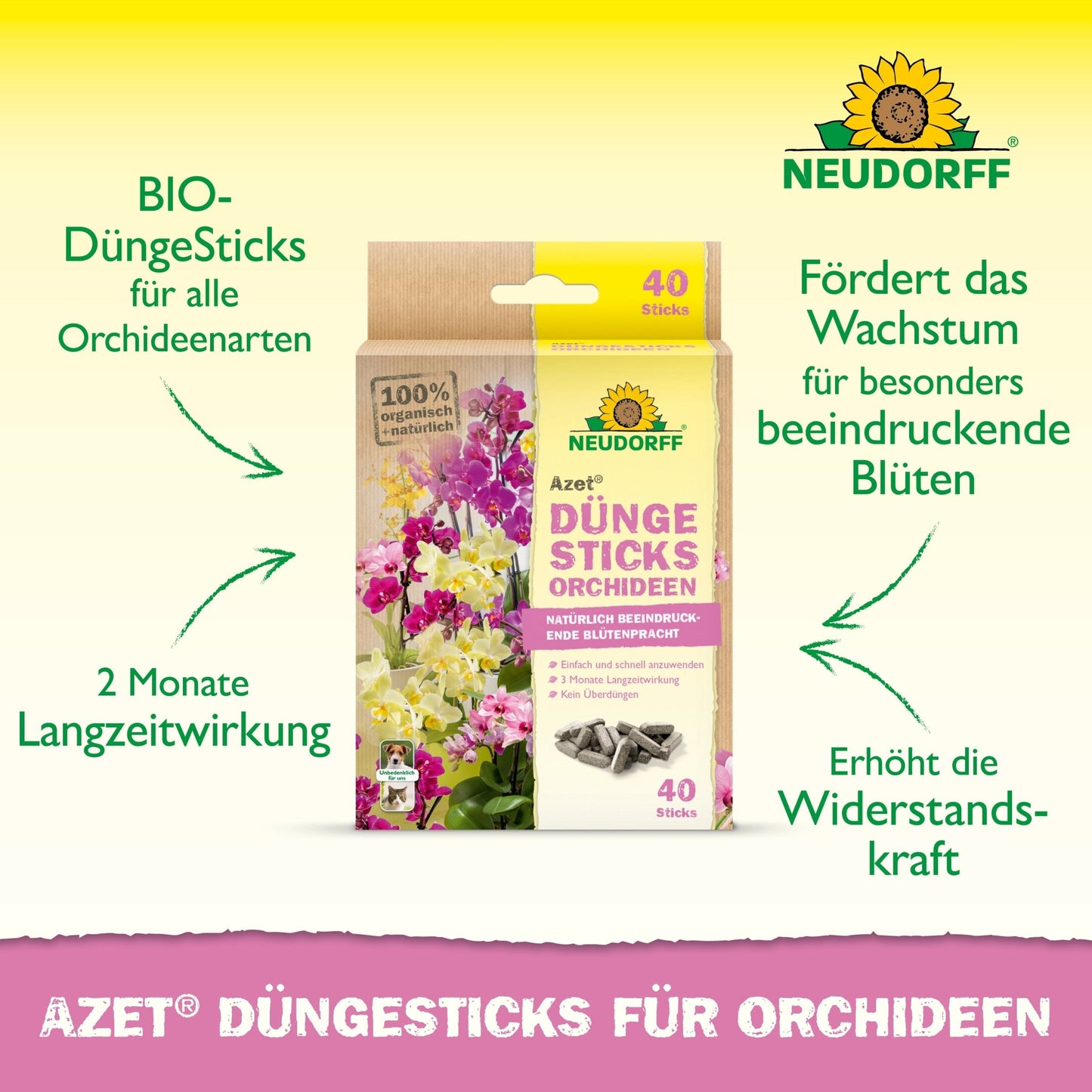 Box with Azet fertilizer sticks for orchids from Neudorff Shop with German product information, pictures of exotic blooms, and green text highlighting the benefits: promoting growth, long-lasting effect, and improved resilience.