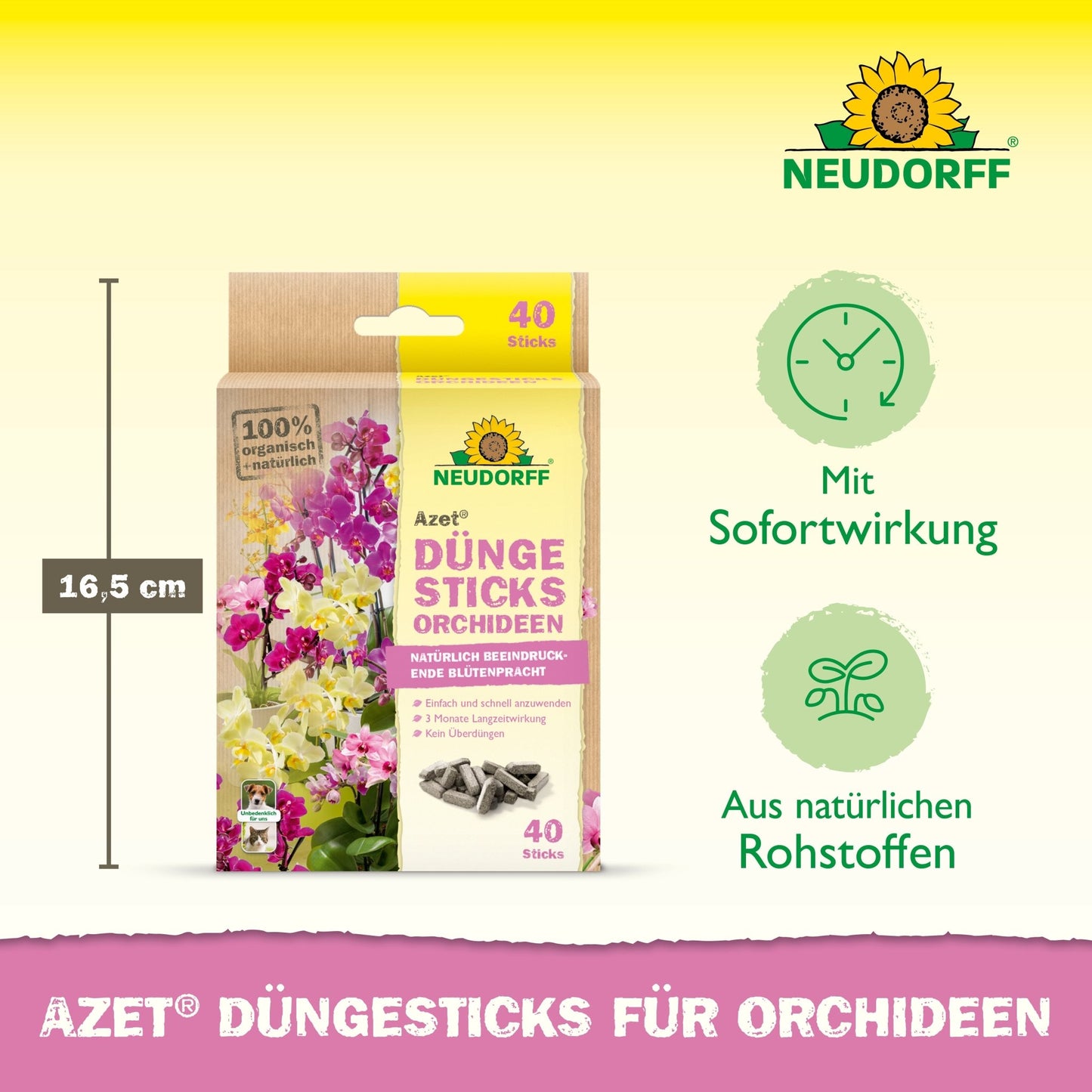 Pictured is a pack of Azet fertilizer sticks for orchids from Neudorff Shop with 40 sticks, immediate effect, natural ingredients, and a height of 16.5 cm. Exotic blooms and the sticks are also visible.