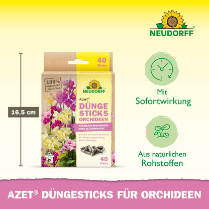 Pictured is a pack of Azet fertilizer sticks for orchids from Neudorff Shop with 40 sticks, immediate effect, natural ingredients, and a height of 16.5 cm. Exotic blooms and the sticks are also visible.