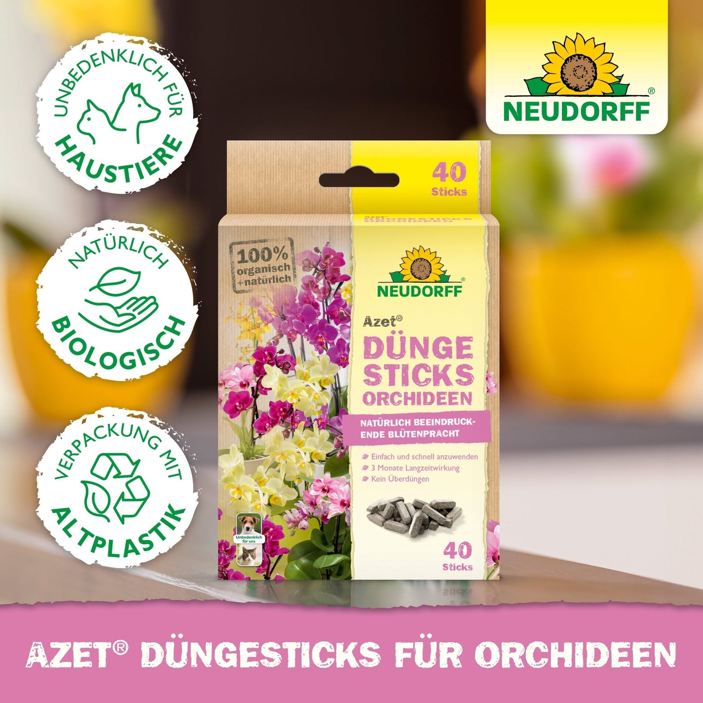 A box of Neudorff Shop Azet fertilizer sticks for orchids is depicted with 40 sticks, organic certification symbols, exotic blooms, and blooming orchids on the packaging, as well as eco-friendly symbols.
