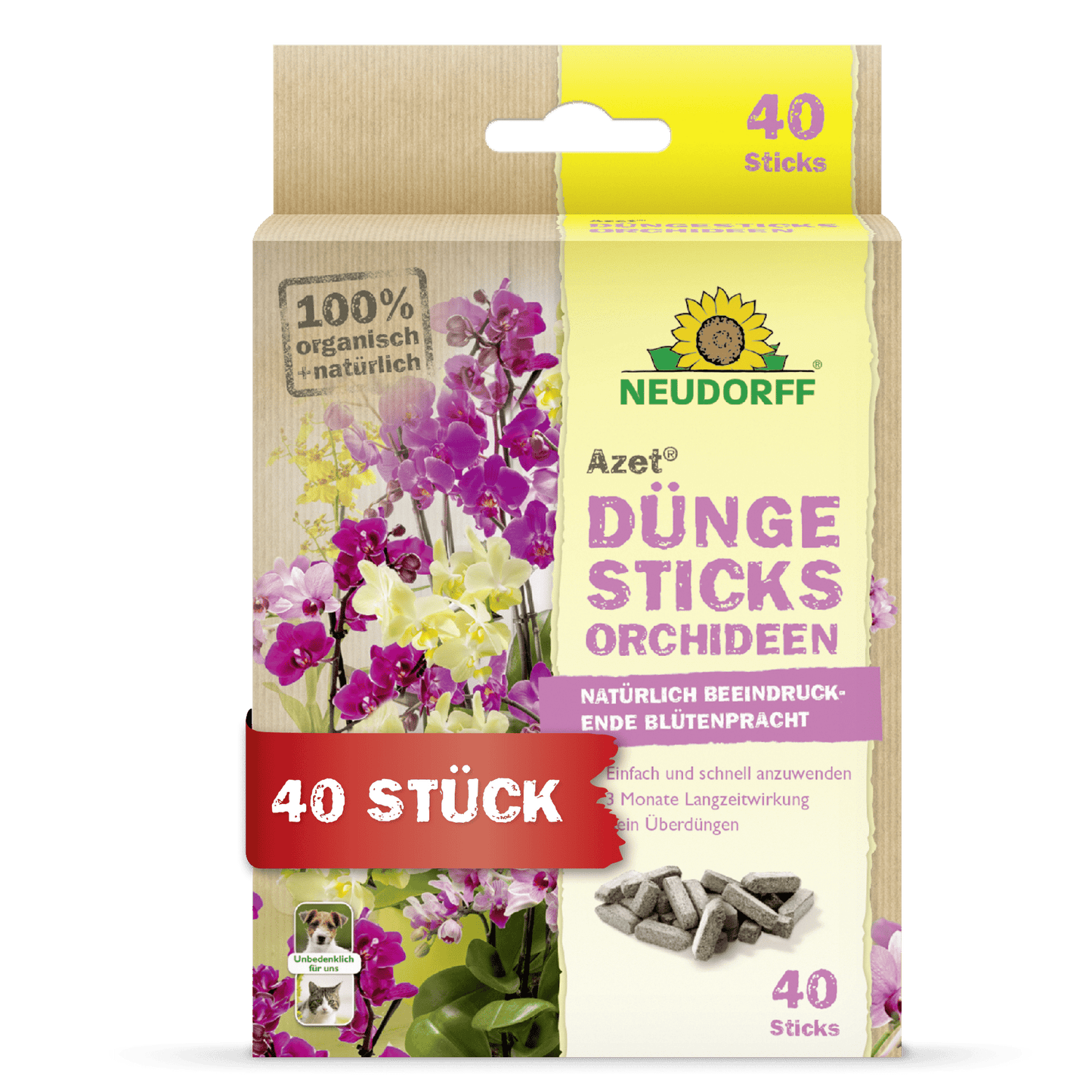 A box of Azet fertilizer sticks for orchids from Neudorff Shop, labeled as 100% organic, contains 40 sticks, features German text, displays exotic blooms, and the yellow Neudorff sunflower logo.