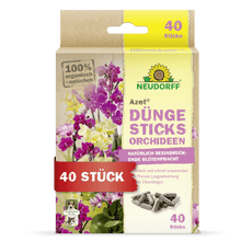 A box of Azet fertilizer sticks for orchids from Neudorff Shop, labeled as 100% organic, contains 40 sticks, features German text, displays exotic blooms, and the yellow Neudorff sunflower logo.