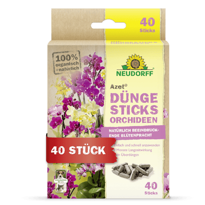 A box of Azet fertilizer sticks for orchids from Neudorff Shop, labeled as 100% organic, contains 40 sticks, features German text, displays exotic blooms, and the yellow Neudorff sunflower logo.