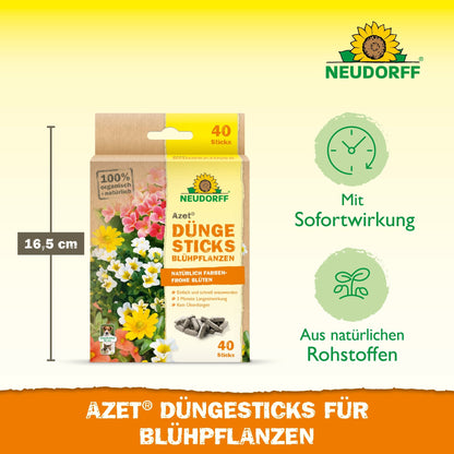 A cardboard box with Neudorff Shop Azet Fertilizer Sticks for flowering plants (40 sticks) is depicted next to a 16.5 cm long ruler. The packaging highlights the immediate effect and natural ingredients for flowering plants.
