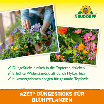 Two photos show blooming plants while a hand places Azet Fertilizer Sticks for flowering plants from the Neudorff Shop into a pot to improve soil and plant health. The Neudorff logo is visible in the image.