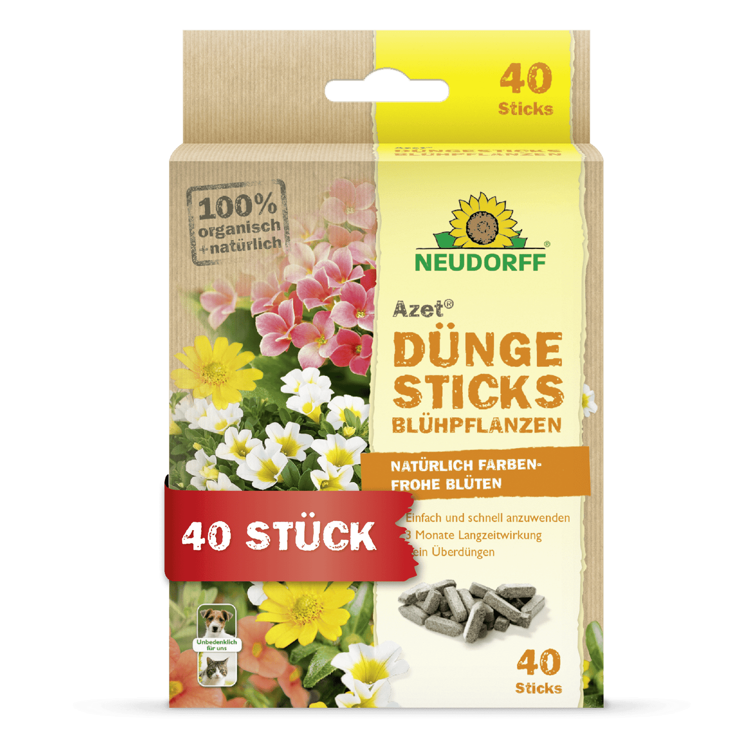 Front view of a box of Neudorff Shop Azet Fertilizer Sticks for flowering plants with flower illustrations, product information, a label for 40 sticks, and packaging in yellow with green and red accents.