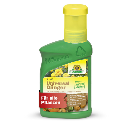 Auf einer grünen Plastikflasche von Neudorff Shop Azet UniversalDünger flüssig mit gelbem Verschluss, auf der "Für alle Pflanzen" und "100% organisch vegan" steht, sind Gemüse und Blumen abgebildet, was das ausgewogene Nährstoffverhältnis unterstreicht.