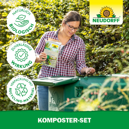 Eine Frau steht im Freien neben einer grünen Komposttonne und hält einen Beutel mit dem Neudorff Shop Komposter-Set in der Hand. Drei Icons im Bild heben die natürlichen Inhaltsstoffe, die Zuverlässigkeit und die recycelte Verpackung hervor.