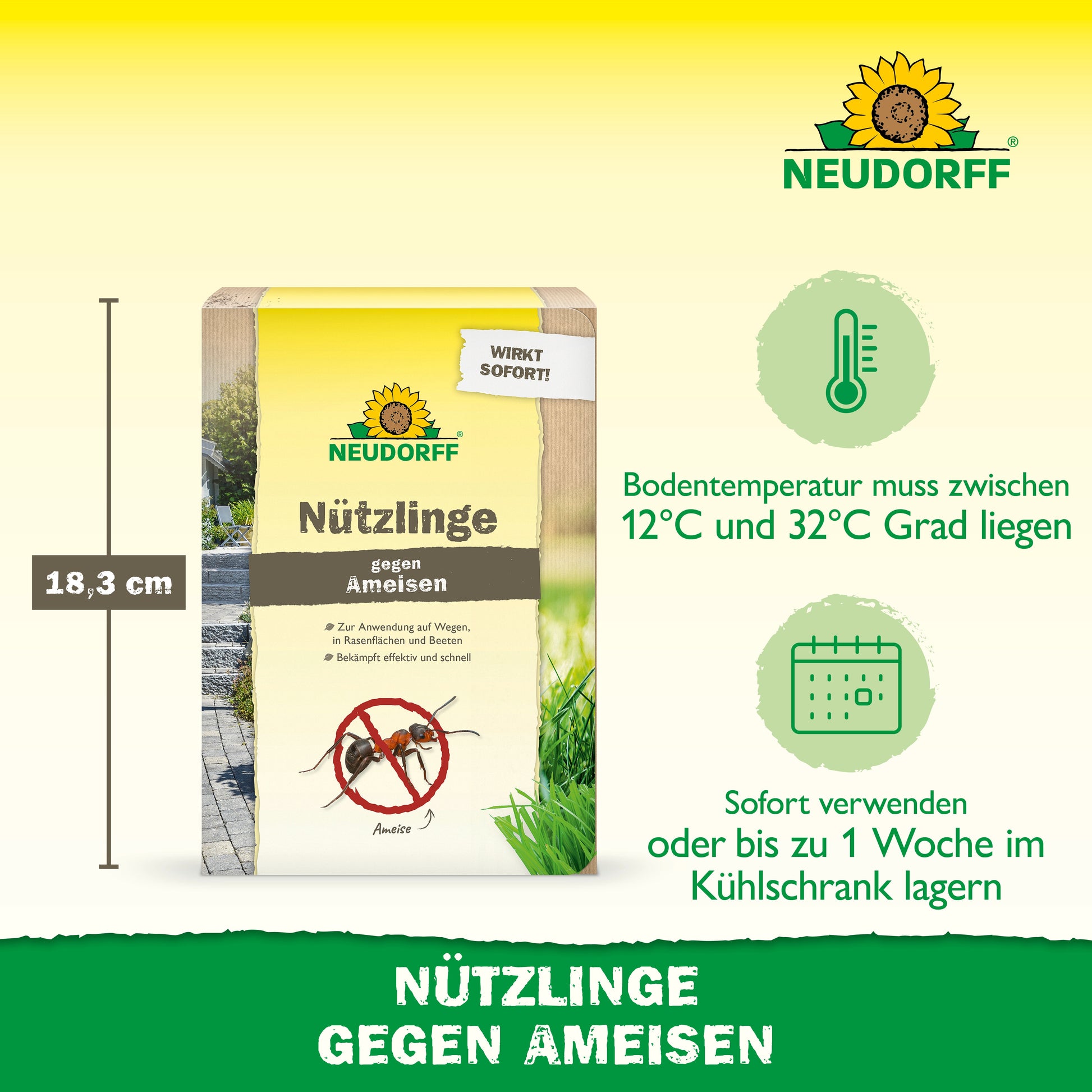 Eine Schachtel "Nützlinge gegen Ameisen" von Neudorff Shop (18,3 cm hoch) steht aufrecht neben Piktogrammen und Hinweisen zur Verwendung von Nematoden zur Bekämpfung von Ameisen in Nestern, mit Angaben zur Bodentemperatur (12°C-32°C) und zur Lagerung.