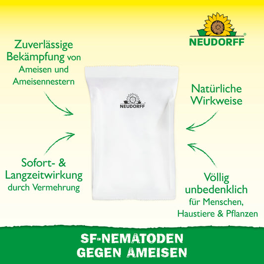 Ein weißer Beutel mit dem Logo des Neudorff Shops steht mittig auf einem gelb-grünen Hintergrund, umgeben von deutschen Texten über Nützlinge gegen Ameisen - natürliche, sichere Ameisenbekämpfung mit Nematoden zur wirksamen Bekämpfung von Ameisen in Ameisennestern.