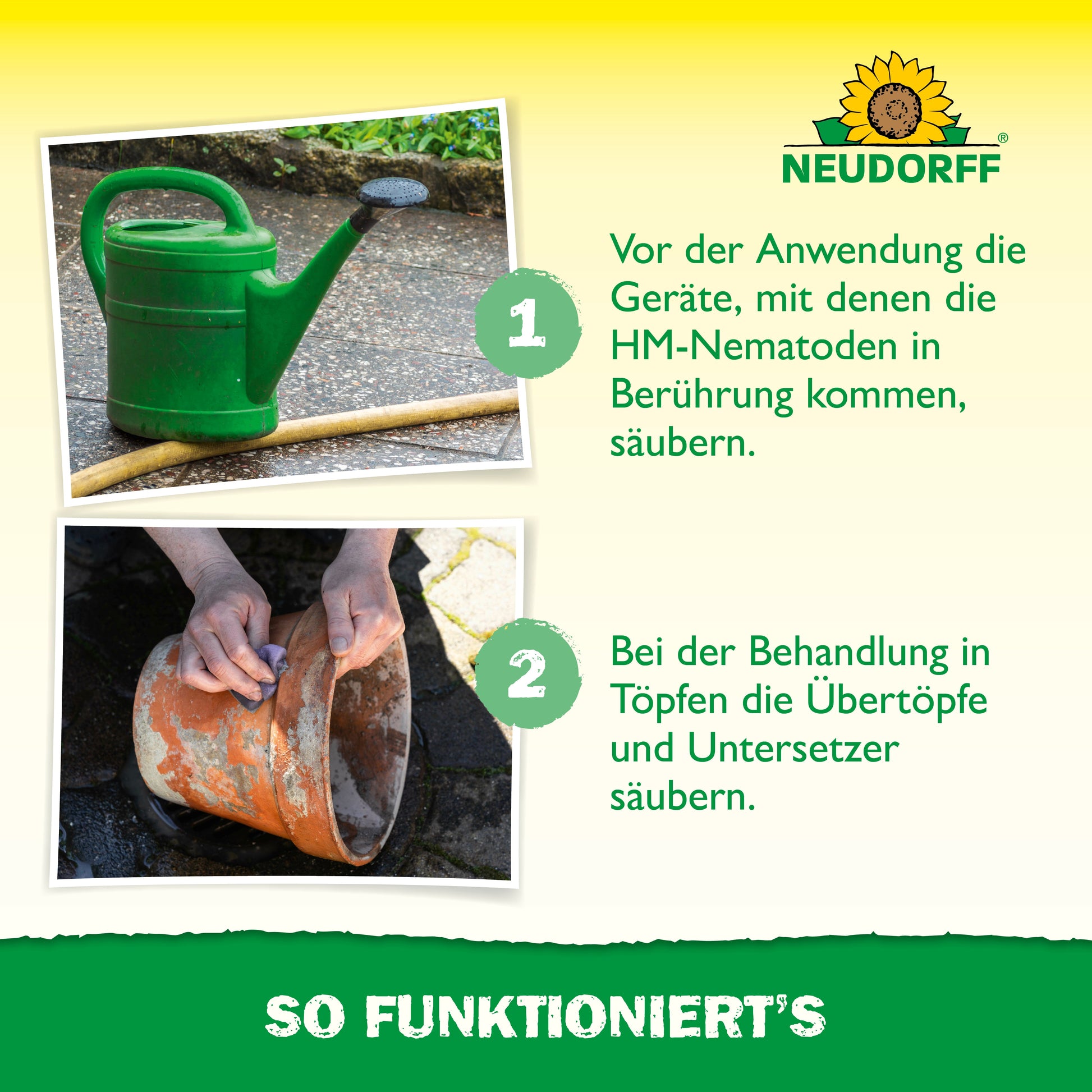 Zwei Fotos zeigen eine grüne Gießkanne und einen braunen Tontopf, die von Hand gereinigt werden, sowie eine deutsche Anleitung zur Vorbereitung der Geräte für die natürliche Schädlingsbekämpfung mit Neudorff Shop Nützlingen gegen Dickmaulrüssler.