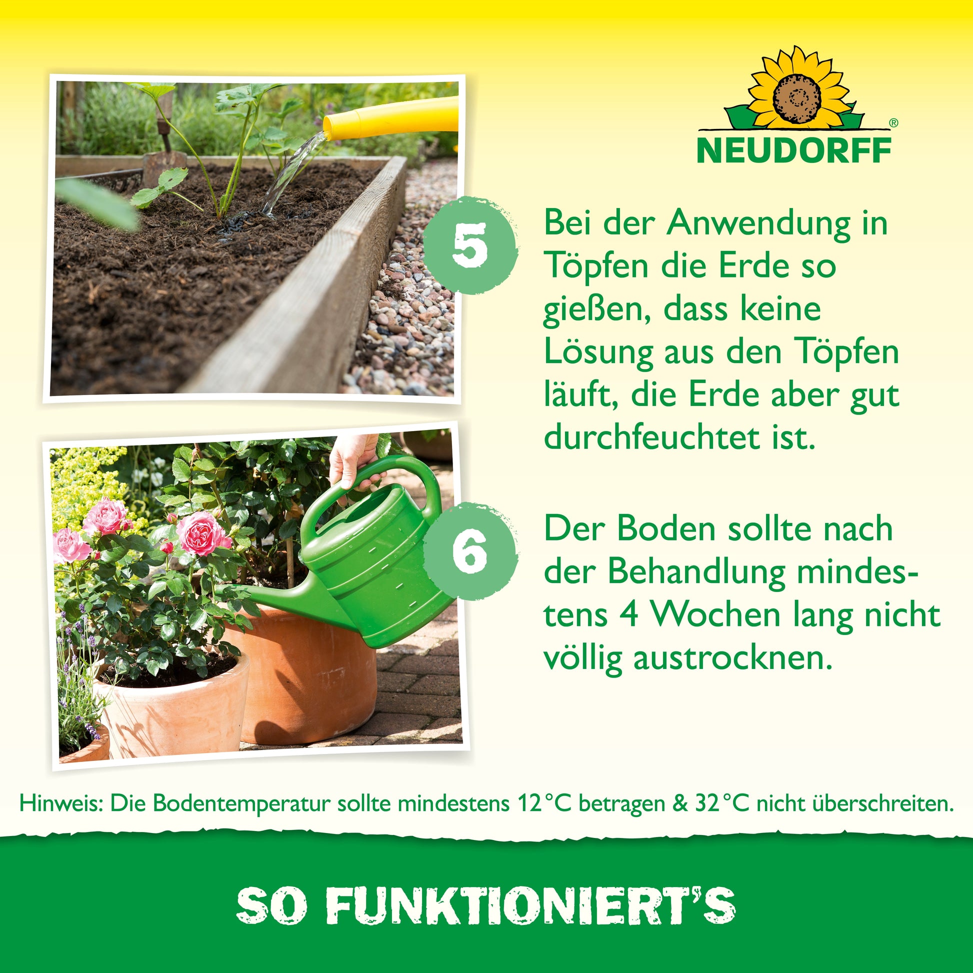 Eine Hand bearbeitet Erde mit einem kleinen Rechen - zur Bekämpfung von Engerlingen eignet sich Nützlinge gegen Dickmaulrüssler vom Neudorff Shop. Ein weiteres Bild zeigt Tipps zum richtigen Gießen von Topfpflanzen.