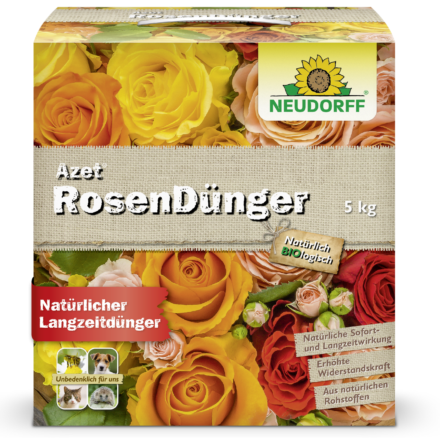 A 5 kg box of Neudorff Shop Azet Rose Fertilizer shows images of yellow, orange, and red blooming roses. Natural and organic, it offers long-term nourishment for your roses.