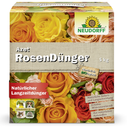 A 5 kg box of Neudorff Shop Azet Rose Fertilizer shows images of yellow, orange, and red blooming roses. Natural and organic, it offers long-term nourishment for your roses.