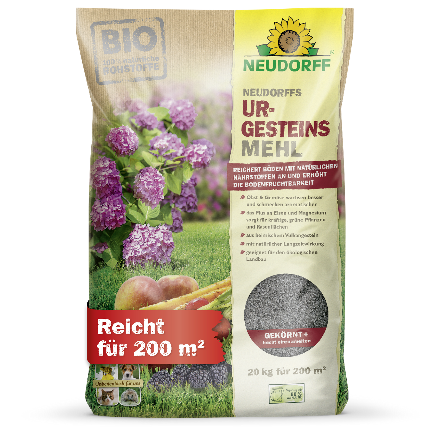 A 20 kg bag of Neudorff's UrgesteinsMehl from the Neudorff Shop, depicted with purple flowers, carrots, and soil images. The bag with German text covers 200 m² and contains mineral powder for use in the soil.