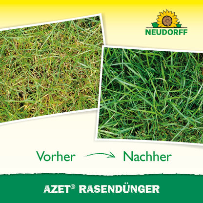 Two side-by-side photos show lawn before and after using Neudorff Shop Azet Lawn Fertilizer 2.5 kg to 5 kg. "Before" shows sparse, yellowed grass with weeds; "After" shows a dense, green lawn. Neudorff logo and product name appear in the image.