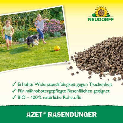 A photo of two children and a dog playing on lush grass with a soccer ball, next to a bag of Neudorff Shop Azet Lawn Fertilizer 2.5 kg to 5 kg. Text highlights benefits for a dense lawn area; Neudorff logo appears at the top right.