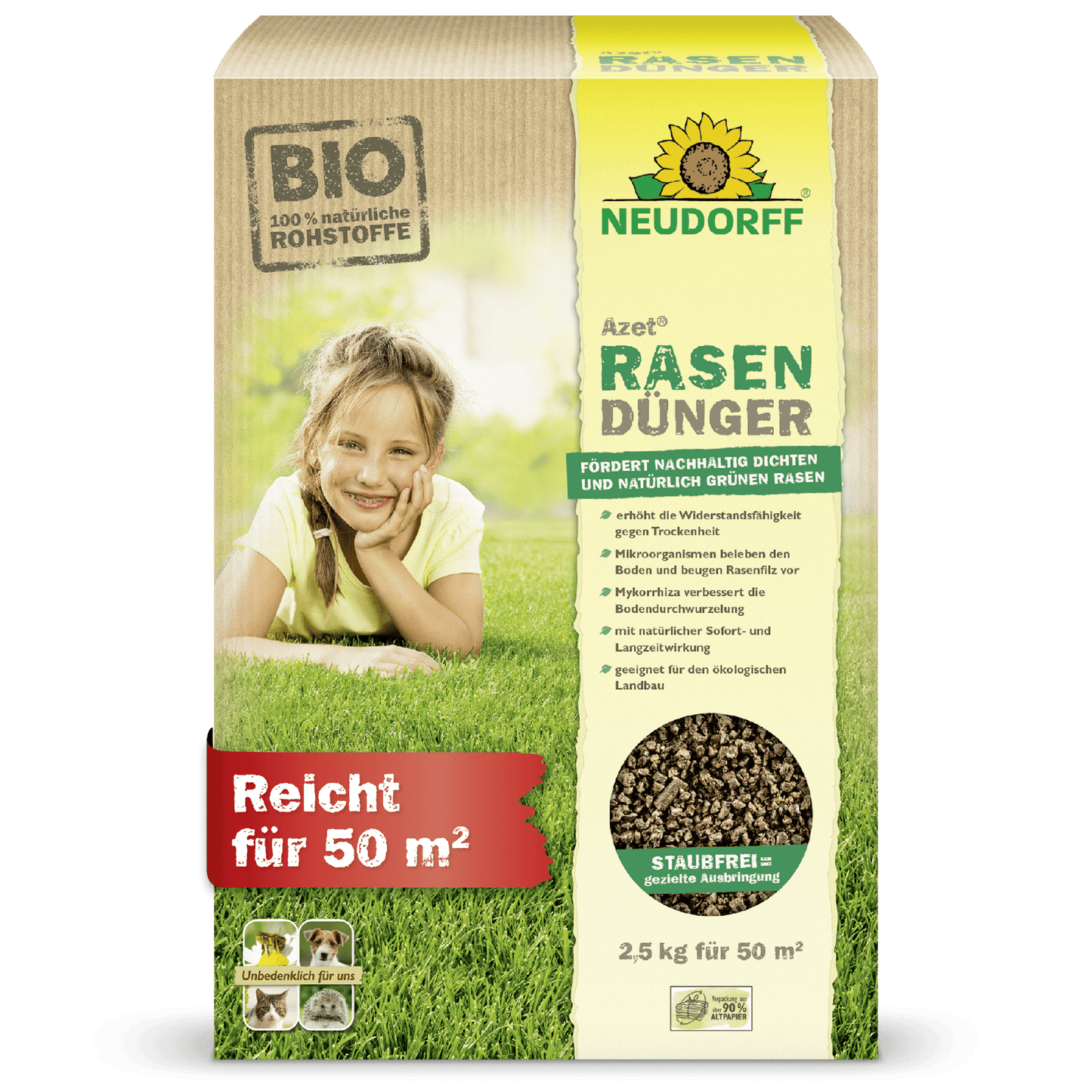 A rectangular box of Neudorff Shop Azet Lawn Fertilizer (2.5-5 kg) shows a photo of a smiling child lying on dense grass. The packaging highlights the organic ingredients and the coverage of up to 50 square meters.