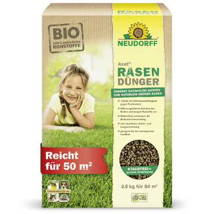 A rectangular box of Neudorff Shop Azet Lawn Fertilizer (2.5-5 kg) shows a photo of a smiling child lying on dense grass. The packaging highlights the organic ingredients and the coverage of up to 50 square meters.