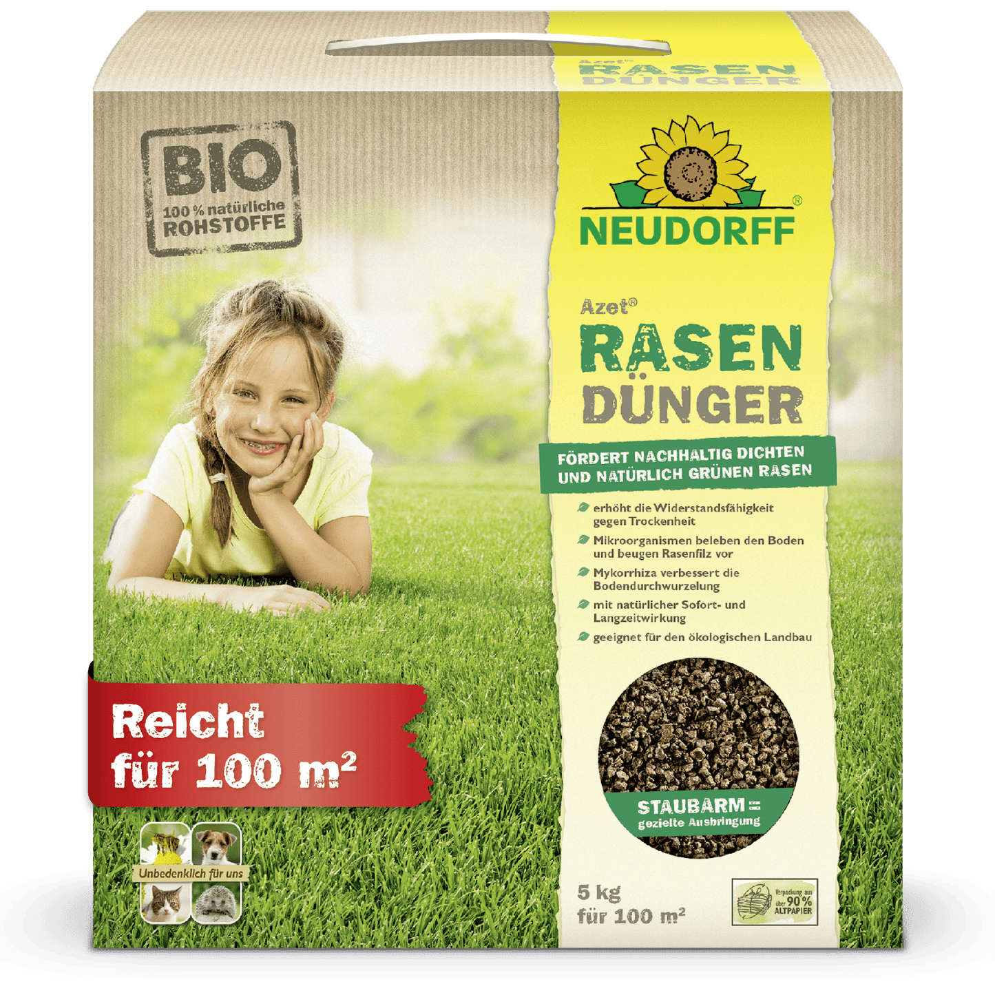 Azet Lawn Fertilizer (2.5-5 kg) from Neudorff Shop: Organic lawn fertilizer with a red label "Covers 100 m²", ideal for dense lawns and balanced nutrition. On the packaging: child on grass.