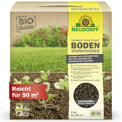 A 5 kg box of Neudorff Shop Neudorff Terra Preta Soil Improver covers 50 m². The packaging features blooming fruits and plants, illustrating the ideal use for beautifying lawns and gardens.