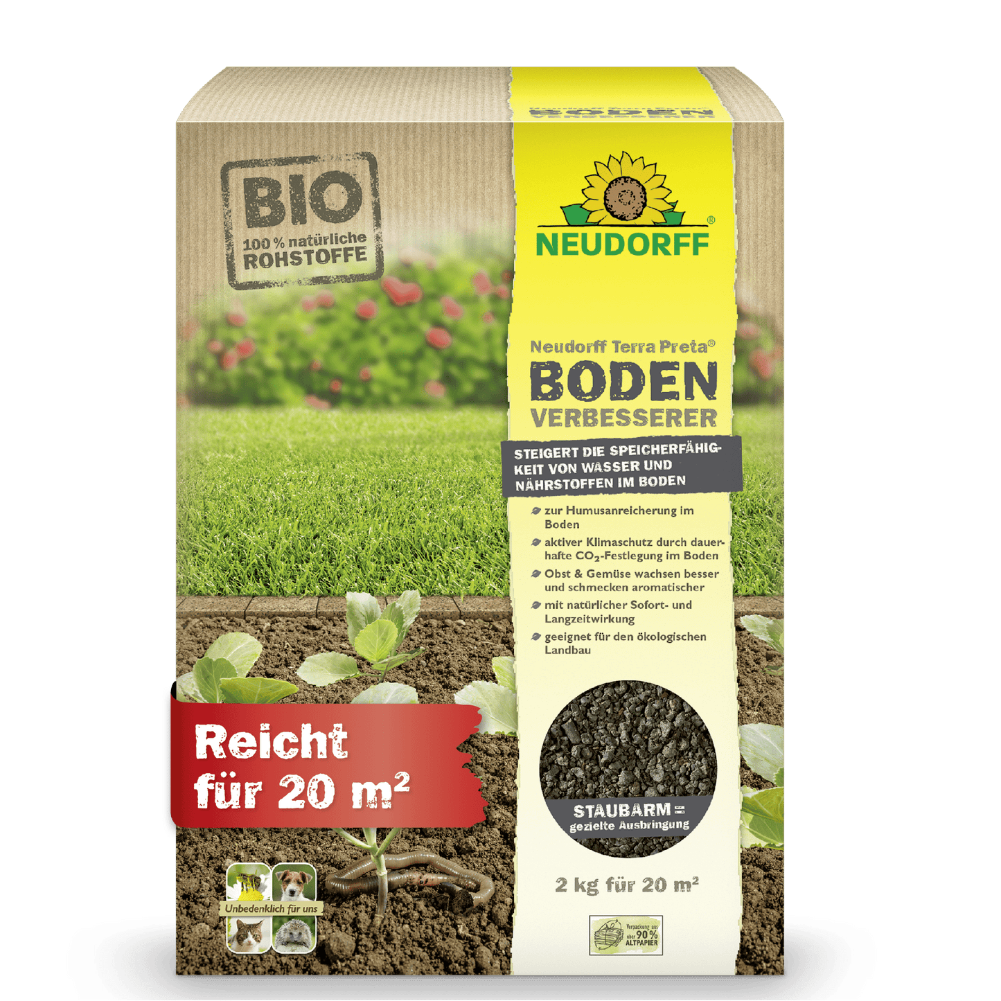 The 2 kg Terra Preta Soil Improver from Neudorff Shop covers 20 m² and is ideal for improving lawn, fruit, and vegetable soils. The German packaging shows seedlings, soil, BIO certification, and a low-dust symbol.