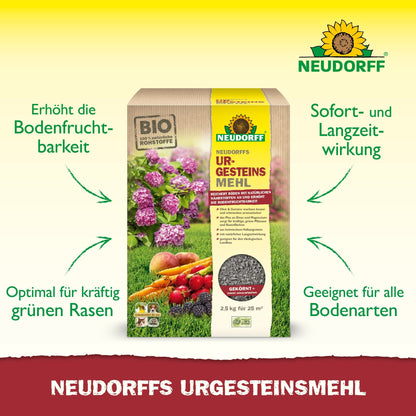 A box of Neudorff's UrgesteinsMehl from the Neudorff Shop stands on a lawn with pictures of flowers and vegetables; green arrows indicate benefits such as improved soil fertility and compatibility with any soil type.