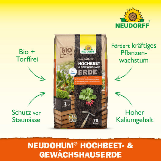 Ein Beutel Neudorff Shop NeudoHum Hochbeet & GewächshausErde ist aufrecht abgebildet. Die biologische, torffreie Erde fördert kräftiges Pflanzenwachstum, schützt vor Staunässe und ist ideal als Pflanzsubstrat für Hochbeete.