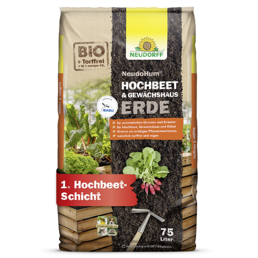 Die Neudorff Shop NeudoHum Hochbeet & GewächshausErde, eine 75 Liter fassende torffreie Bio-Erde, ist ideal für Gartenbeete und Gewächshäuser und zeigt auf ihrer Verpackung Bilder von Gemüse, Erde und einem Holzbeet.