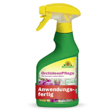 Auf einer grünen Sprühflasche mit gelber Düse mit der Aufschrift "OrchideenPflege" von Neudorff Shop sind Orchideen abgebildet und ein Text weist darauf hin, dass es sich um ein gebrauchsfertiges Pflanzenpflegeprodukt für eine optimale Orchideengesundheit handelt.