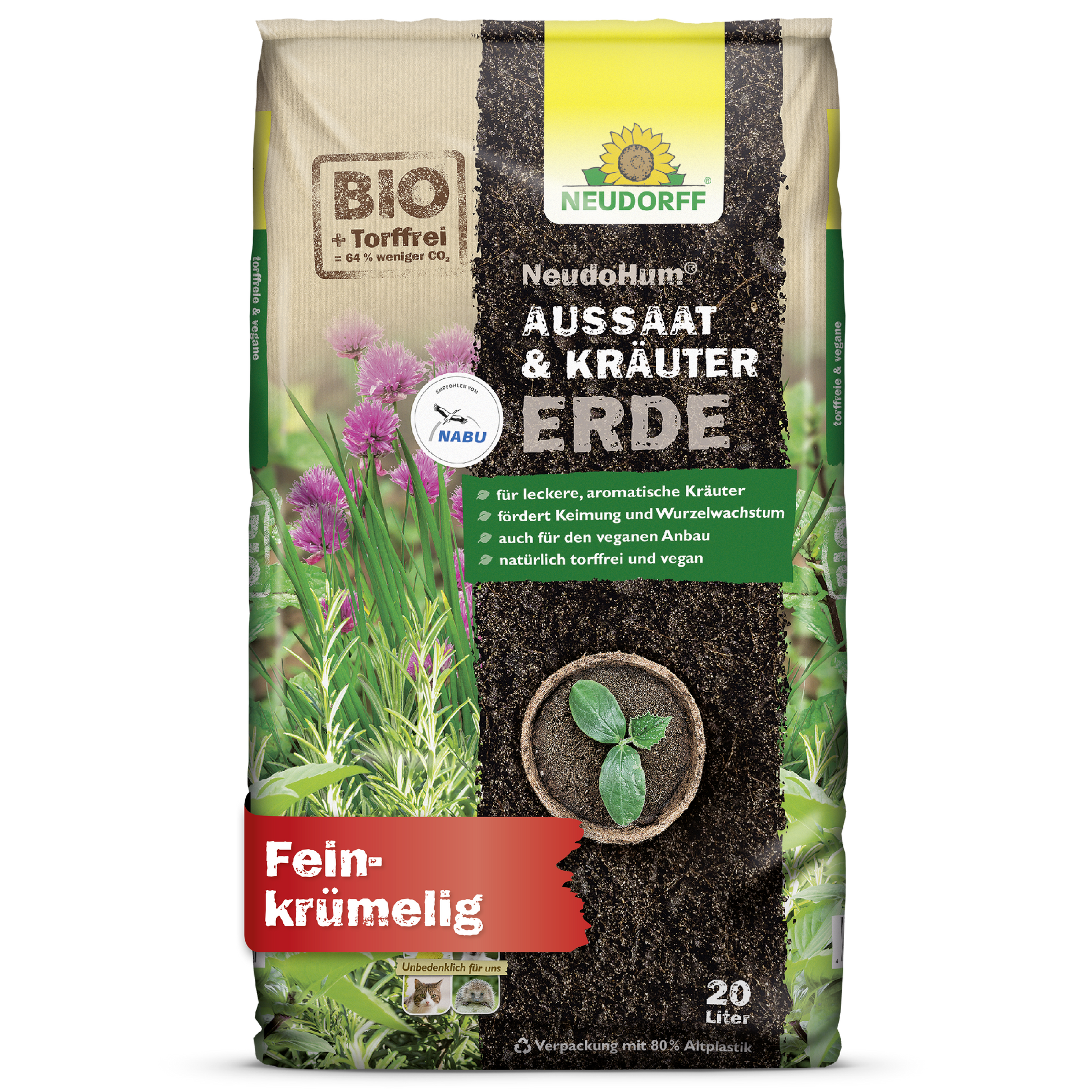 Ein 20-Liter-Sack NeudoHum Aussaat- & KräuterErde von Neudorff Shop, eine feinkrümelige Erde, die ideal für mediterrane Kräuter, Blumen und den Gemüseanbau ist. Die umweltfreundliche Verpackung zeigt Kräuter und Erde.