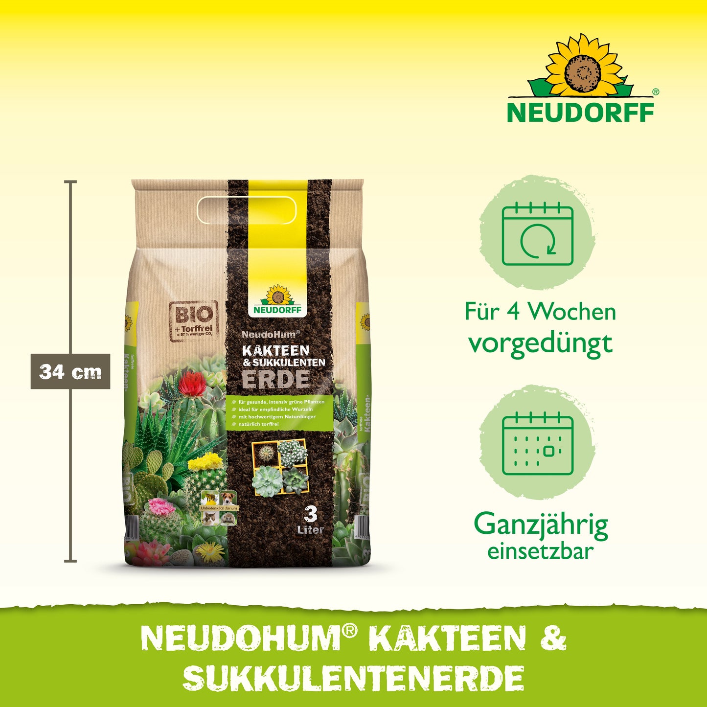 Abgebildet ist ein 3-Liter-Beutel NeudoHum Kakteen & SukkulentenErde von Neudorff Shop, 34 cm groß. Auf der Verpackung steht, dass sie torffrei, hochwertig, 4 Wochen lang vorgedüngt und das ganze Jahr über ideal für Kakteen und Sukkulenten ist.